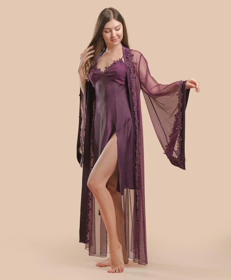 2 Pcs Lace & Satin Nightdress With Tulle And Lace Robe - PURPLE