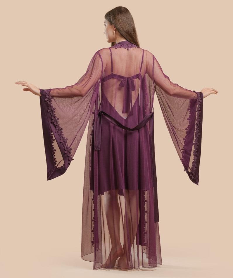 2 Pcs Lace & Satin Nightdress With Tulle And Lace Robe - PURPLE
