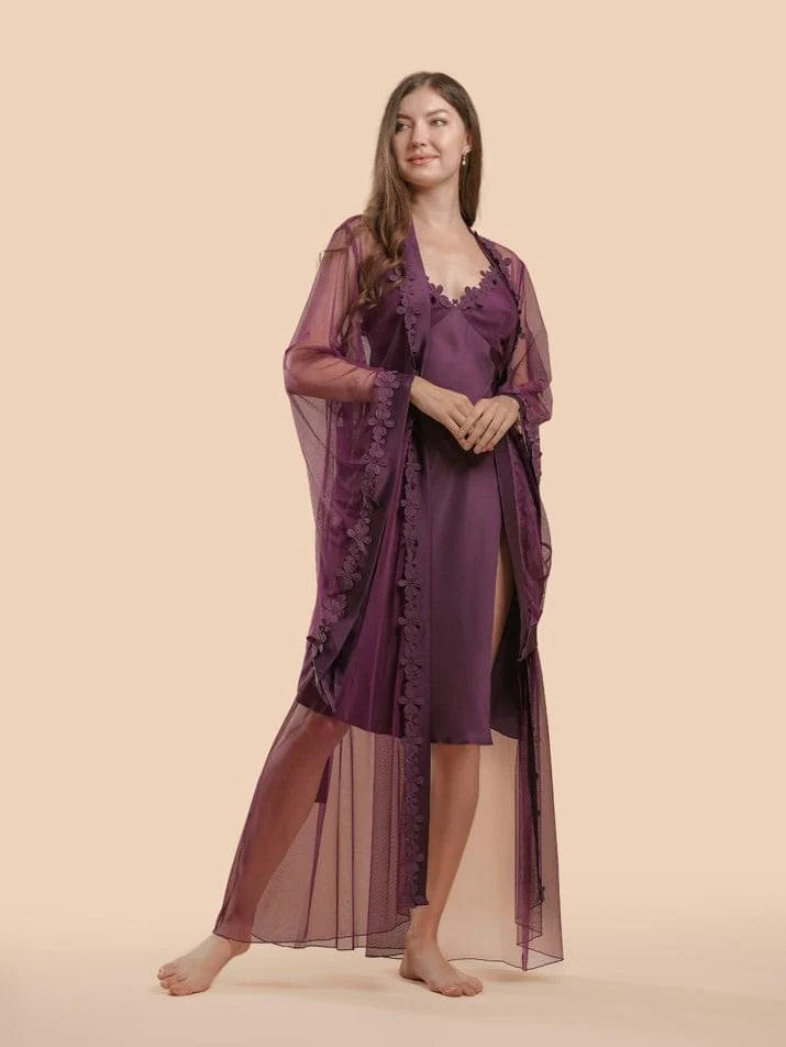 2 Pcs Lace & Satin Nightdress With Tulle And Lace Robe - PURPLE