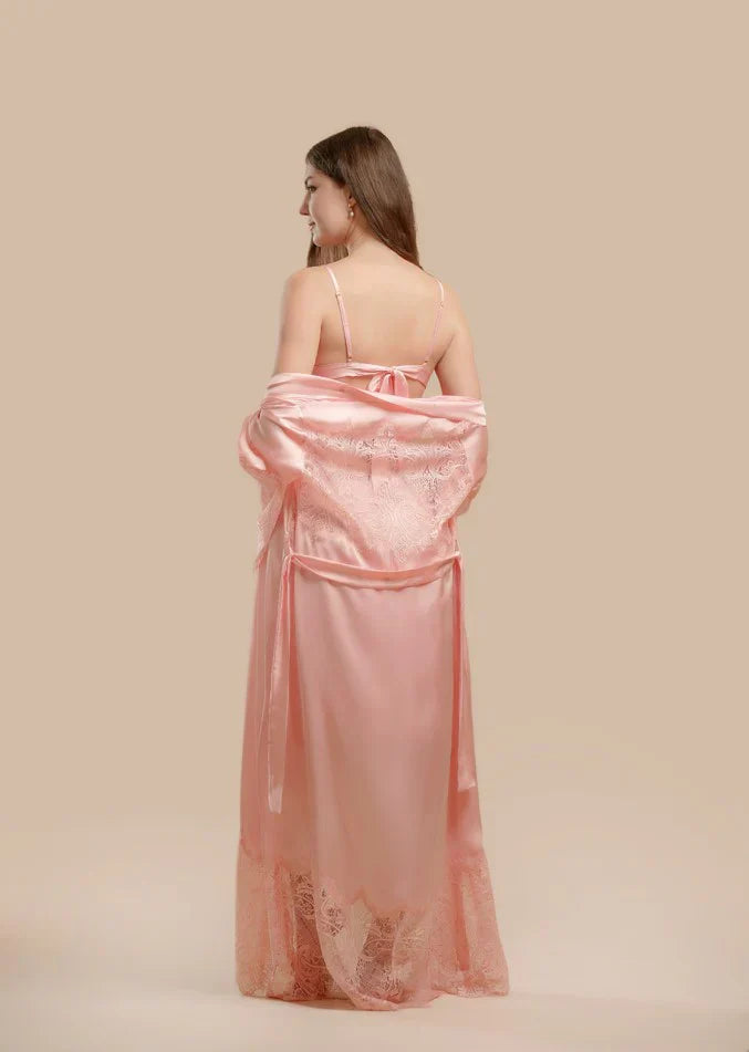 Long Satin &amp; Lace Nightdress &amp; Robe Set - Pink