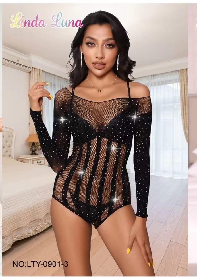 Rhinestone Full Sleeve Bodysuit Stocking
