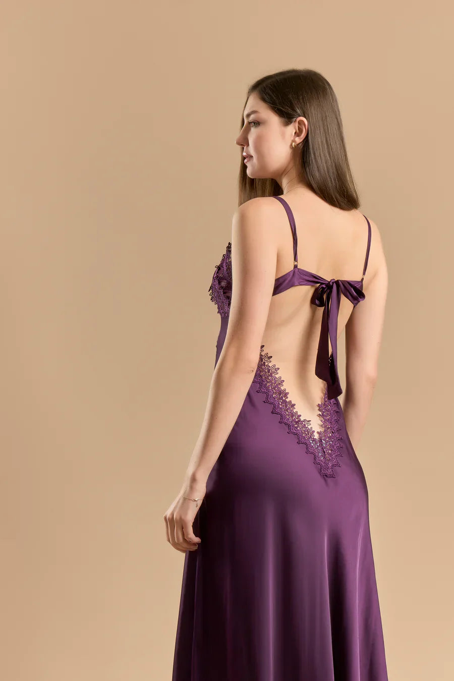Long Night Dress Satin & Lace - Aubergine