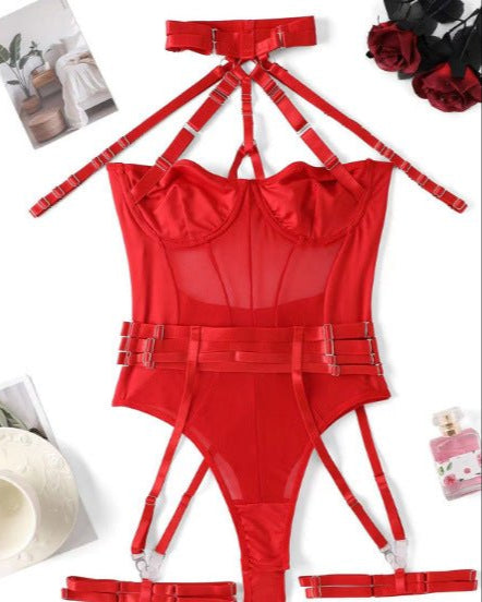 Choke Me Chic Mesh Bondage-Inspired Teddy Lingerie Set
